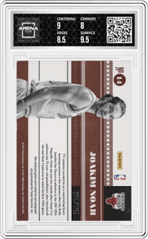 Joakim Noah from the 2010-11 Playoff National Treasures  set graded by Arena Club and given an overall grade of 8.5.