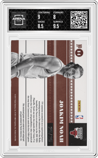 Joakim Noah from the 2010-11 Playoff National Treasures  set graded by Arena Club and given an overall grade of 8.5.