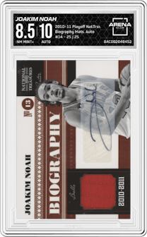 Joakim Noah from the 2010-11 Playoff National Treasures  set graded by Arena Club and given an overall grade of 8.5.