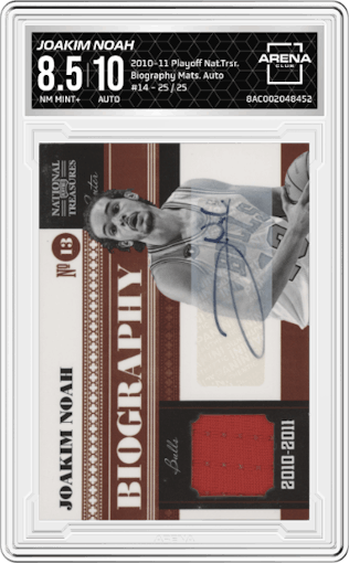 Joakim Noah from the 2010-11 Playoff National Treasures  set graded by Arena Club and given an overall grade of 8.5.