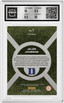 Jalen Johnson from the 2021-22 Panini Prizm Draft Picks set graded by Arena Club and given an overall grade of 10.