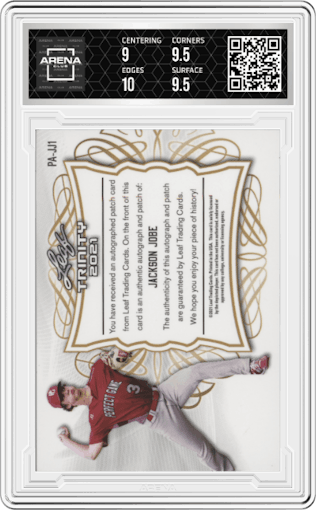 Jackson Jobe from the 2021 Leaf Trinity set featuring a Platinum parallel graded by Arena Club and given an overall grade of 9.5.