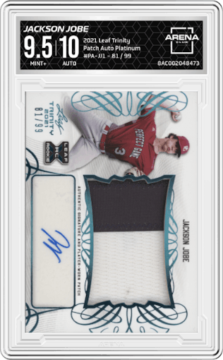 Jackson Jobe from the 2021 Leaf Trinity set featuring a Platinum parallel graded by Arena Club and given an overall grade of 9.5.