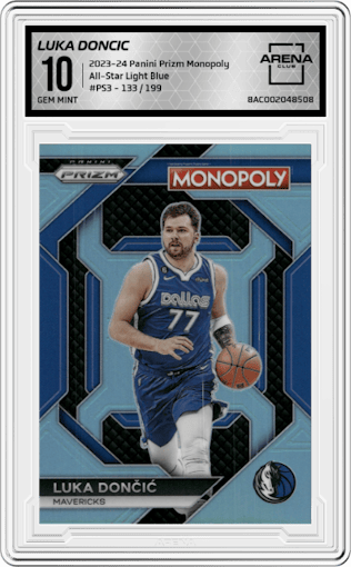 Luka Doncic from the 2023-24 Panini Prizm Monopoly set featuring a Light Blue parallel graded by Arena Club and given an overall grade of 10.