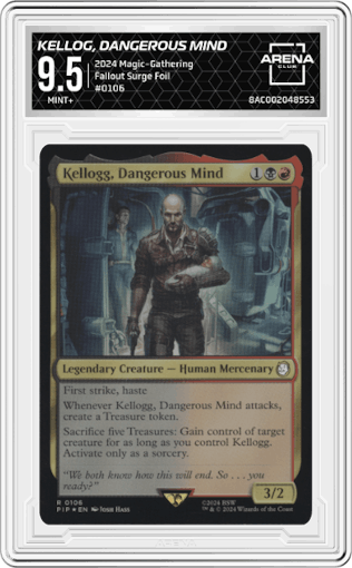 Kellog, Dangerous Mind from the 2024 Magic-Gathering set featuring a Surge Foil parallel graded by Arena Club and given an overall grade of 9.5.