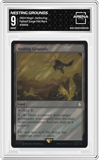Nesting Grounds from the 2024 Magic-Gathering set featuring a Surge Foil Rare parallel graded by Arena Club and given an overall grade of 9.