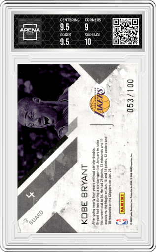 Kobe Bryant from the 2009-10 Panini Threads  set featuring a Century Proof parallel graded by Arena Club and given an overall grade of 9.5.
