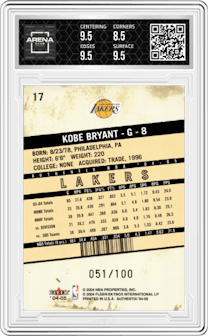 Kobe Bryant from the 2004-05 Fleer Authentix set featuring a General Admission parallel graded by Arena Club and given an overall grade of 9.