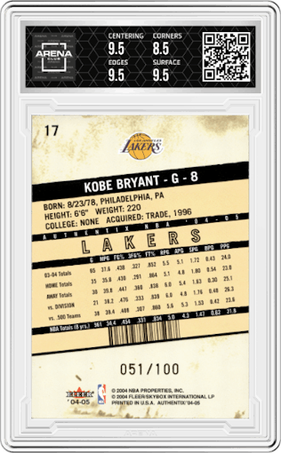 Kobe Bryant from the 2004-05 Fleer Authentix set featuring a General Admission parallel graded by Arena Club and given an overall grade of 9.