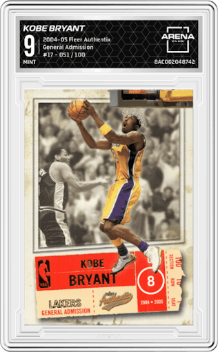 Kobe Bryant from the 2004-05 Fleer Authentix set featuring a General Admission parallel graded by Arena Club and given an overall grade of 9.