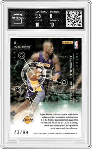 Kobe Bryant from the 2010-11 Panini Threads set featuring a Silver Century Proof parallel graded by Arena Club and given an overall grade of 8.5.