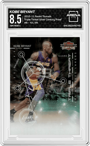 Kobe Bryant from the 2010-11 Panini Threads set featuring a Silver Century Proof parallel graded by Arena Club and given an overall grade of 8.5.