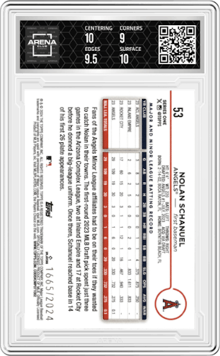 Nolan Schanuel from the 2024 Topps  set featuring a Gold parallel graded by Arena Club and given an overall grade of 9.5.