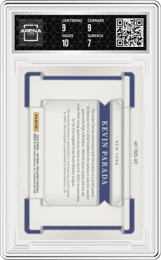 Kevin Parada from the 2023 Panini National Treasures set graded by Arena Club and given an overall grade of 7.5.