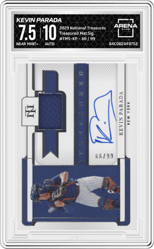Kevin Parada from the 2023 Panini National Treasures set graded by Arena Club and given an overall grade of 7.5.