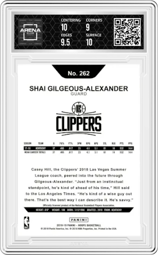 Shai Gilgeous-Alexander from the 2018-19 Panini NBA Hoops  set graded by Arena Club and given an overall grade of 9.5.