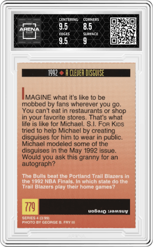 Michael Jordan from the 1999 Sports Illustrated for Kids set graded by Arena Club and given an overall grade of 9.