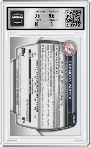 Brandon Mayea from the 2023 Bowman Chrome set featuring a Speckle Refractor parallel graded by Arena Club and given an overall grade of 10.