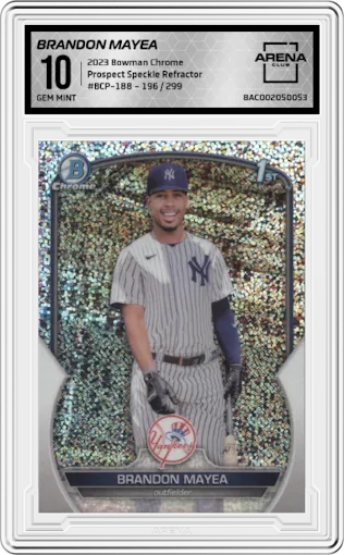 Brandon Mayea from the 2023 Bowman Chrome set featuring a Speckle Refractor parallel graded by Arena Club and given an overall grade of 10.