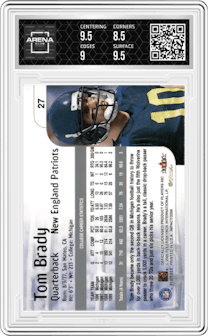 Tom Brady from the 2000 Impact  set graded by Arena Club and given an overall grade of 9.