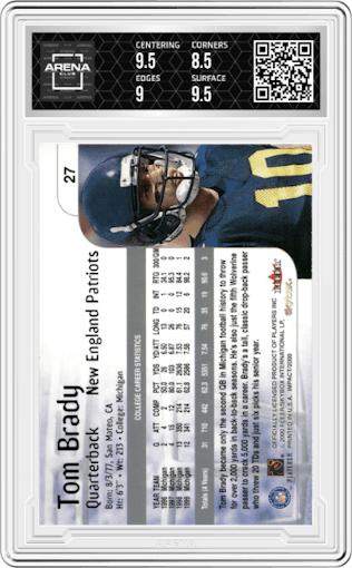 Tom Brady from the 2000 Impact  set graded by Arena Club and given an overall grade of 9.