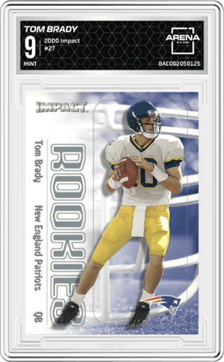 Tom Brady from the 2000 Impact  set graded by Arena Club and given an overall grade of 9.