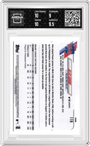 Alec Bohm from the 2021 Topps Chrome set graded by Arena Club and given an overall grade of 9.5.
