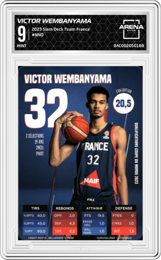 Victor Wembanyama from the 2023 Slam Deck Team France set graded by Arena Club and given an overall grade of 9.