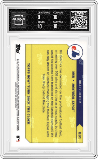 Bill Belichick from the 2023 Topps Now set graded by Arena Club and given an overall grade of 9.5.