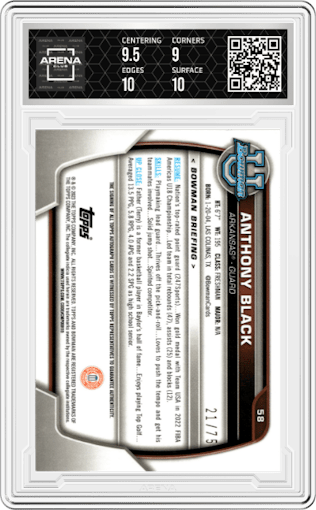 Anthony Black from the 2022-23 Bowman University Chrome set featuring a Yellow Refractor parallel graded by Arena Club and given an overall grade of 9.5.