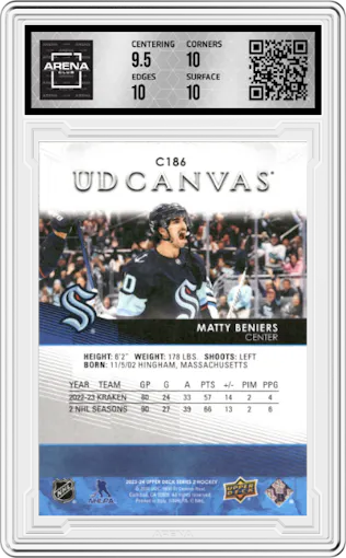 Matty Beniers from the 2023-24 Upper Deck Series 2 set graded by Arena Club and given an overall grade of 10.