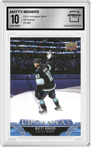Matty Beniers from the 2023-24 Upper Deck Series 2 set graded by Arena Club and given an overall grade of 10.