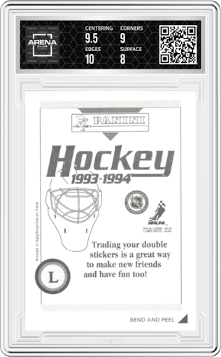 Geoff Sanderson from the 1993-94 Panini Hockey Stickers set graded by Arena Club and given an overall grade of 8.5.