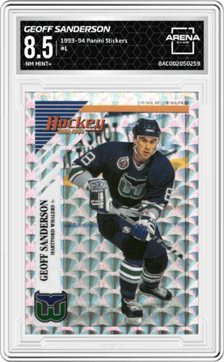 Geoff Sanderson from the 1993-94 Panini Hockey Stickers set graded by Arena Club and given an overall grade of 8.5.