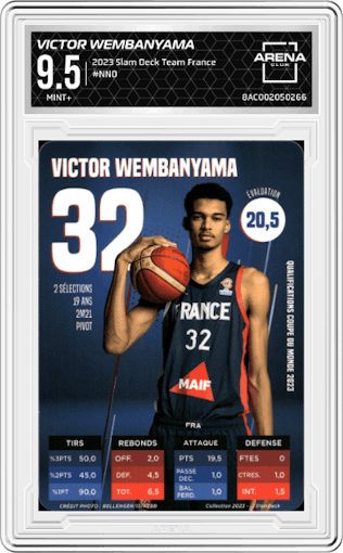 Victor Wembanyama from the 2023 Slam Deck Team France set graded by Arena Club and given an overall grade of 9.5.