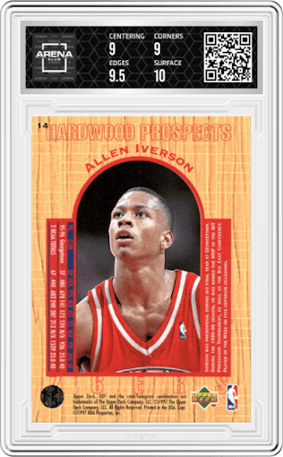 Allen Iverson from the 1996-97 Upper Deck UD3 set graded by Arena Club and given an overall grade of 9.5.