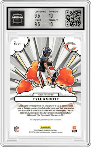 Tyler Scott from the 2023 Panini Donruss set graded by Arena Club and given an overall grade of 10.
