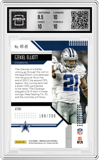 Ezekiel Elliott from the 2018 Panini Unparalleled set featuring a Astral parallel graded by Arena Club and given an overall grade of 10.