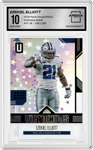 Ezekiel Elliott from the 2018 Panini Unparalleled set featuring a Astral parallel graded by Arena Club and given an overall grade of 10.