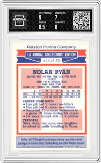Nolan Ryan from the 1984 Topps Ralston Purina set graded by Arena Club and given an overall grade of 7.5.