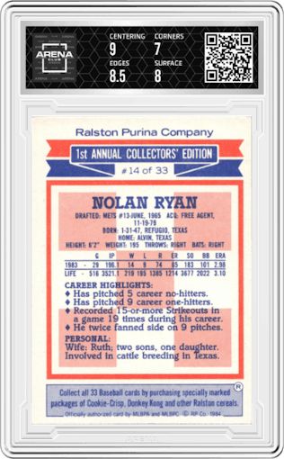 Nolan Ryan from the 1984 Topps Ralston Purina set graded by Arena Club and given an overall grade of 7.5.
