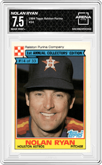Nolan Ryan from the 1984 Topps Ralston Purina set graded by Arena Club and given an overall grade of 7.5.