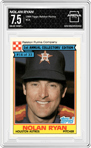 Nolan Ryan from the 1984 Topps Ralston Purina set graded by Arena Club and given an overall grade of 7.5.