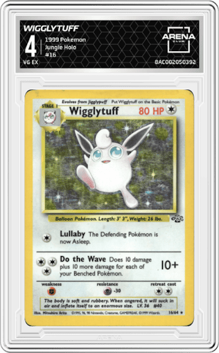 Wigglytuff from the 1999 Pokemon set graded by Arena Club and given an overall grade of 4.