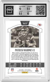 Patrick Mahomes II from the 2019 Panini Legacy set graded by Arena Club and given an overall grade of 10.