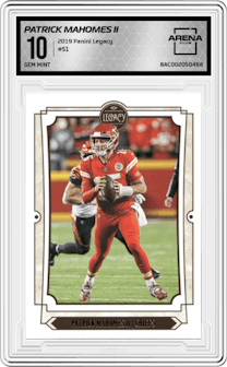 Patrick Mahomes II from the 2019 Panini Legacy set graded by Arena Club and given an overall grade of 10.