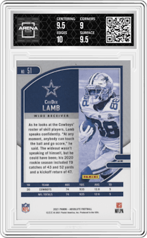 CeeDee Lamb from the 2021 Panini Absolute set featuring a Spectrum Red parallel graded by Arena Club and given an overall grade of 9.5.