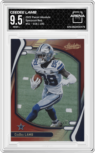 CeeDee Lamb from the 2021 Panini Absolute set featuring a Spectrum Red parallel graded by Arena Club and given an overall grade of 9.5.