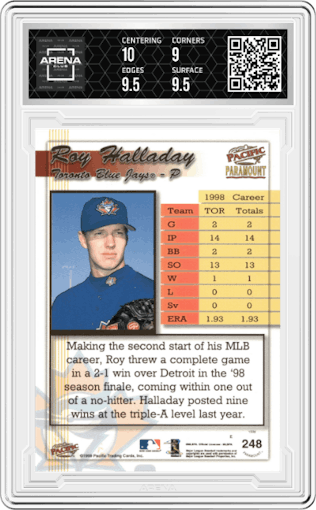  Roy Halladay from the 1999 Pacific Paramount set graded by Arena Club and given an overall grade of 9.5.
