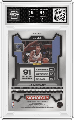 Ja Morant from the 2023-24 Panini Prizm Monopoly set featuring a Red Monopoly Symbols Prizm parallel graded by Arena Club and given an overall grade of 9.5.